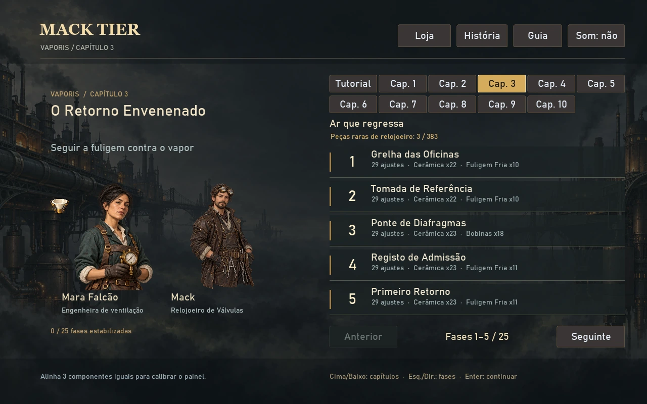 Seleção de fases do capítulo 3, com os retratos de Mara e Mack e os marcos da campanha.
